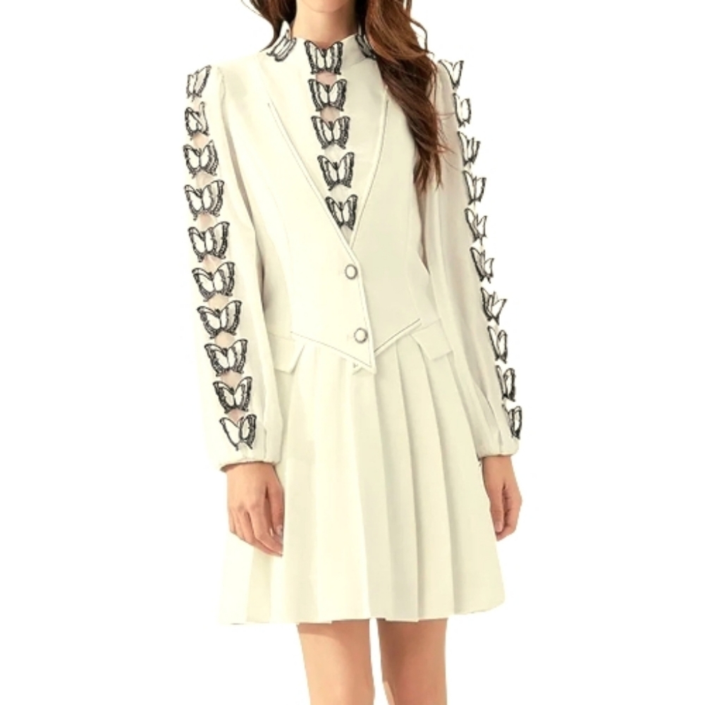 NEW Beige Butterfly Trim Pleated Dress Size M